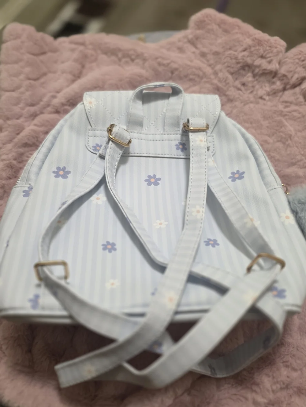 Women’s Light Blue Floral Quilted Backpack with Gold Accents